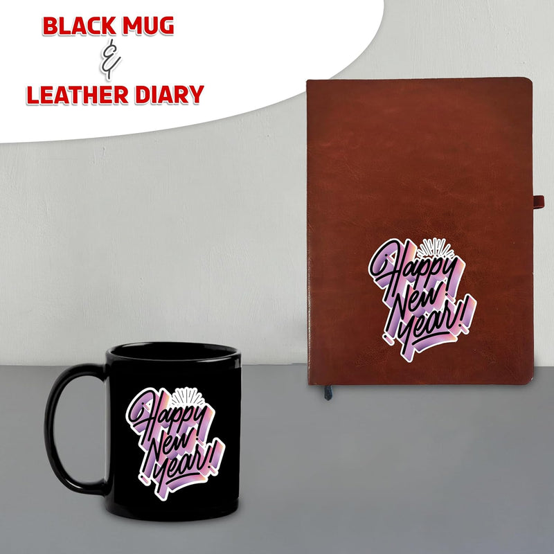 New Year Gift Hamper - Leather Diary and Black Patch Mug