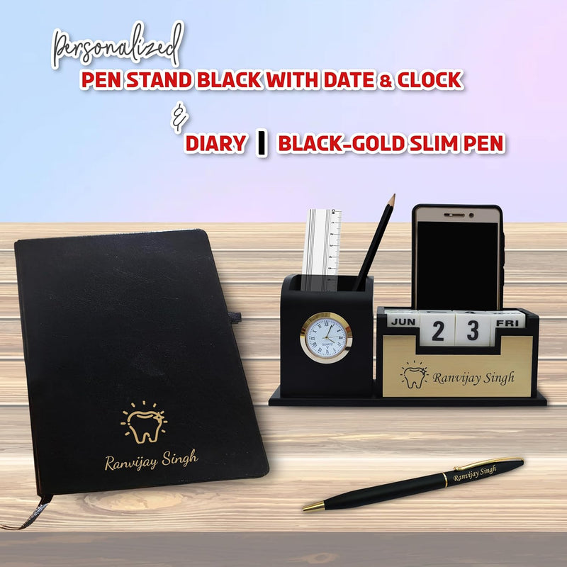 Dentist Professional's Set- Black-Gold Slim Pen, Pen Stand 1.0 with Date & Clock (Dentist Logo), and A5 Black Diary