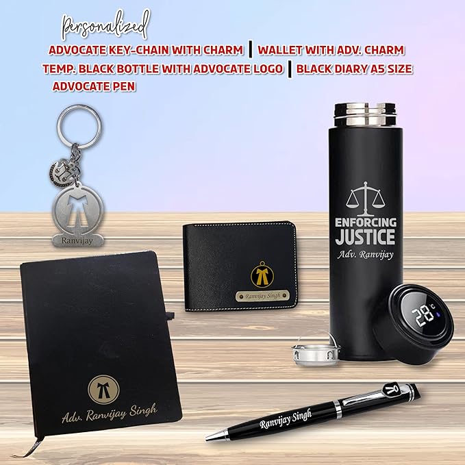 Advocate Gift Set: Personalized Keychain, Bottle, Pen, Wallet & Diary.