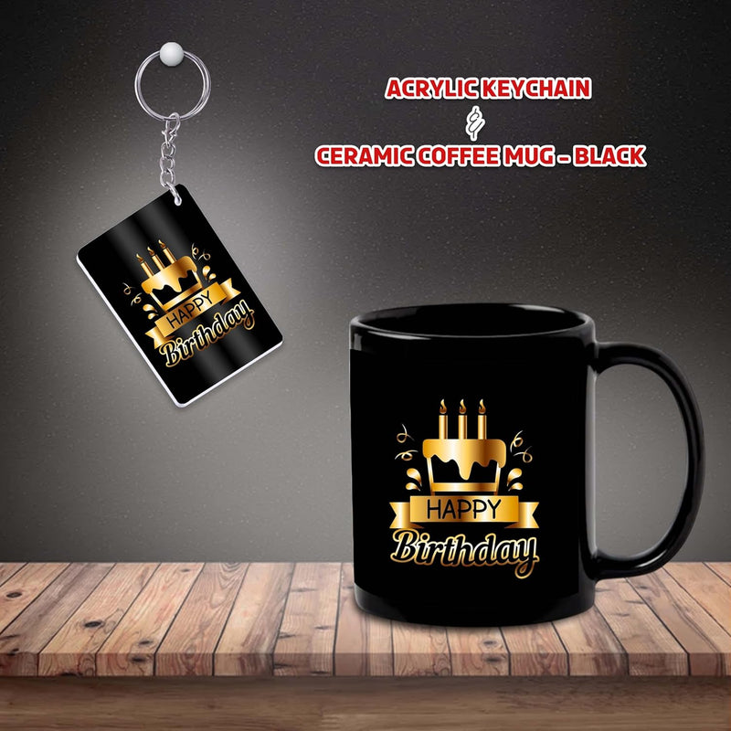 Black Ceramic Birthday Theme Mug & Keychain.