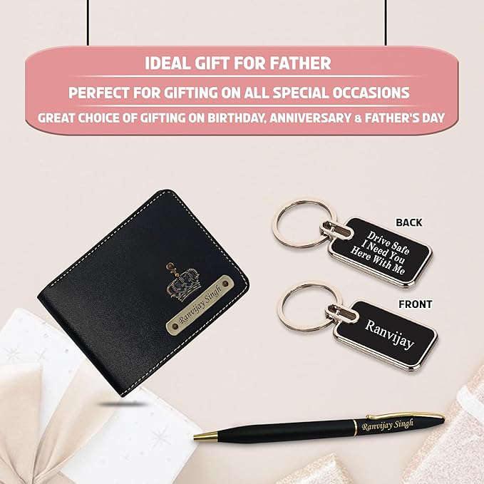 Metal Keychain, Slim Pen & Leather Wallet Combo- Ideal Gift for Father