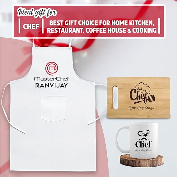 Chef's Personalized Combo - Master Chef Apron, Mug & Custom Chopping Board.