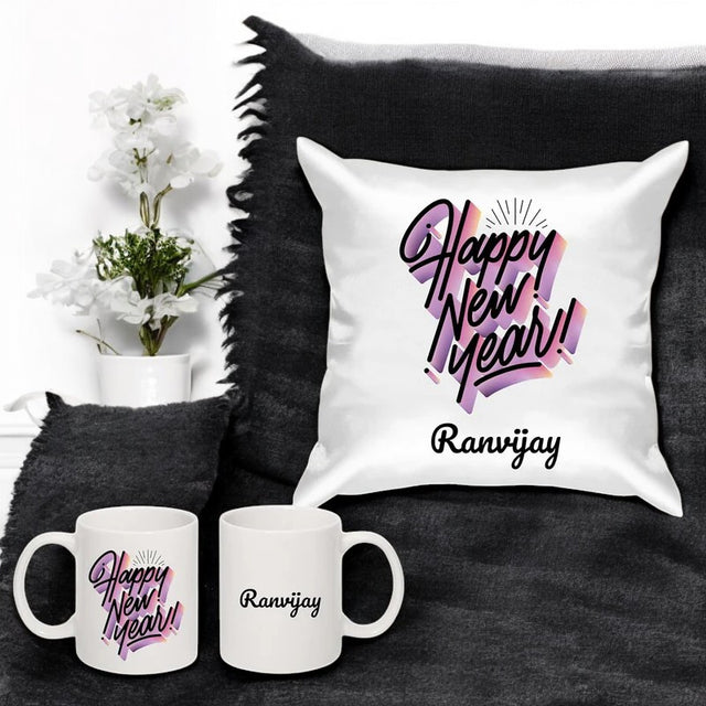 New Year Gifts Satin Cushion & Ceramic Coffee Mug