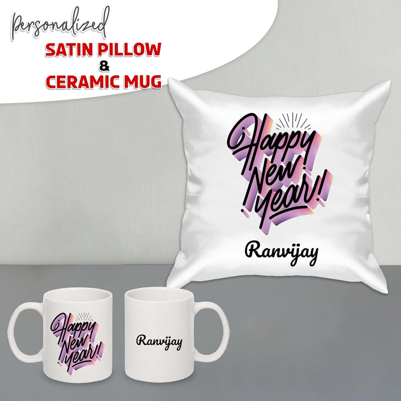 New Year Gifts Satin Cushion & Ceramic Coffee Mug