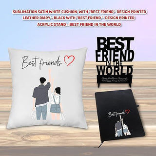 Friendship Combo Set- Cushion, Acrylic Stand, and Black Leather Diary.