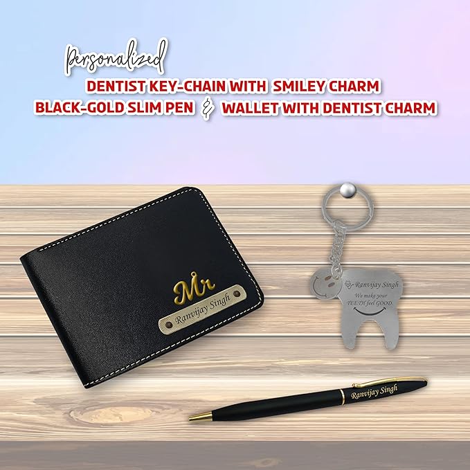 Dentist Combo-Keychain with Dentist Logo, Dental Symbol Pen & Wallet-Customized with Your Name