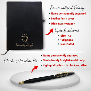 Dentist Professional's Set- Black-Gold Slim Pen, Pen Stand 1.0 with Date & Clock (Dentist Logo), and A5 Black Diary