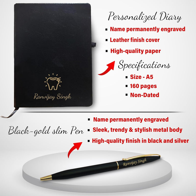 Dentist Professional's Set- Black-Gold Slim Pen, Pen Stand 1.0 with Date & Clock (Dentist Logo), and A5 Black Diary