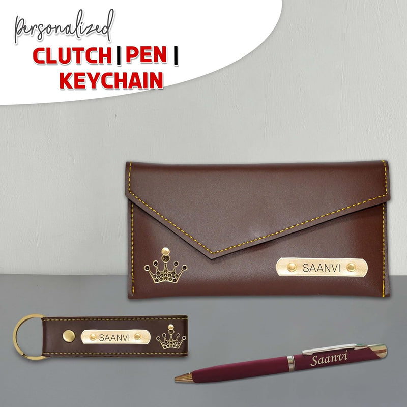 New Year Gift Hamper for Women - Pen, Leather Keychain & Leather Clutch