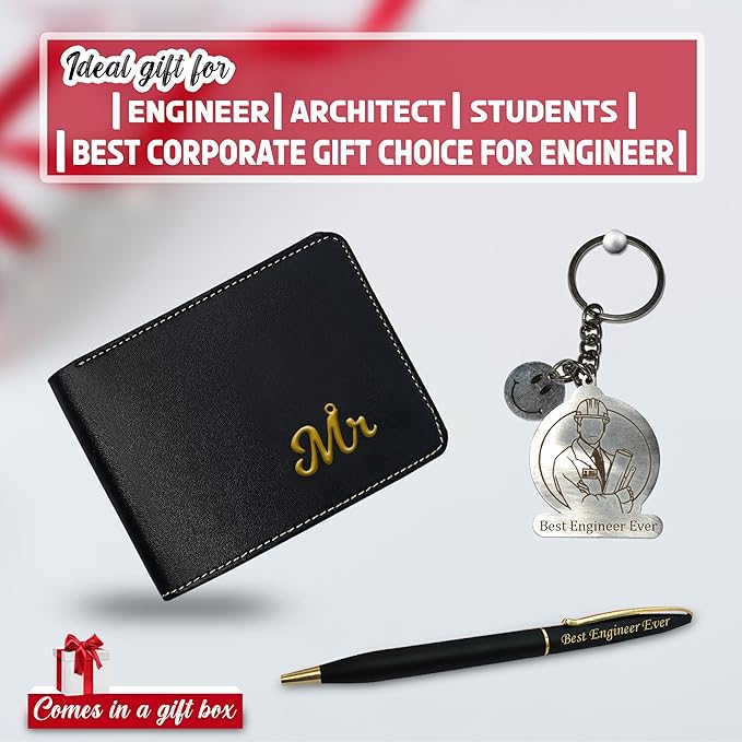 Gifts Engineer Combo (Male) – Engraved Pen, Keychain & Wallet with King Charm