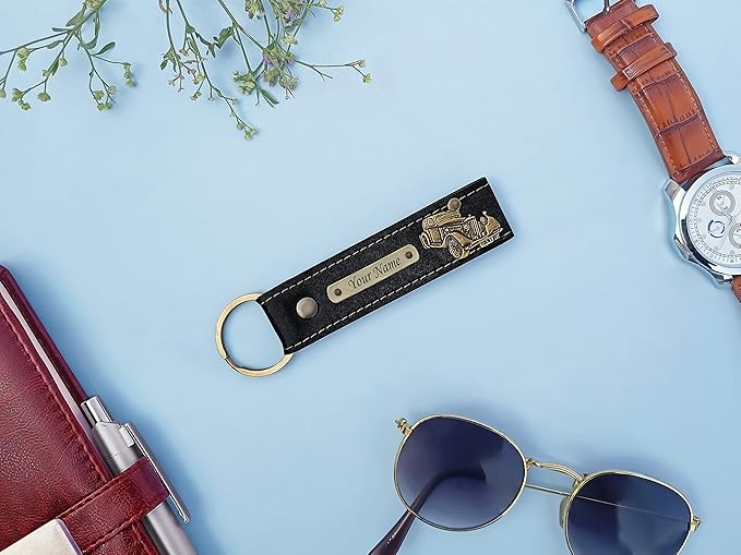 Personalized Leather Keychain with Hook & Charm.