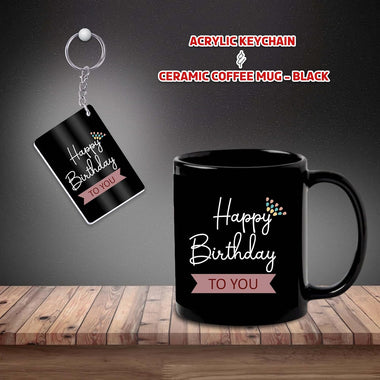 Black Ceramic Birthday Theme Mug & Keychain.