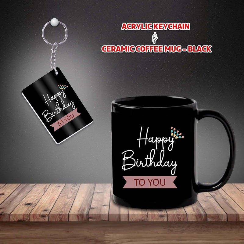 Black Ceramic Birthday Theme Mug & Keychain.