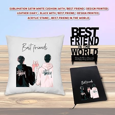 Cushion,Acrylic Stand,& Black Leather Diary combo- Friendship Day Gift