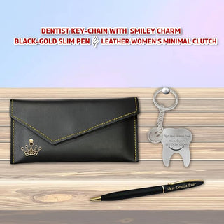 Elegant Dentist Gift Combo for Women – Keychain, Pen, and Leather Clutch.