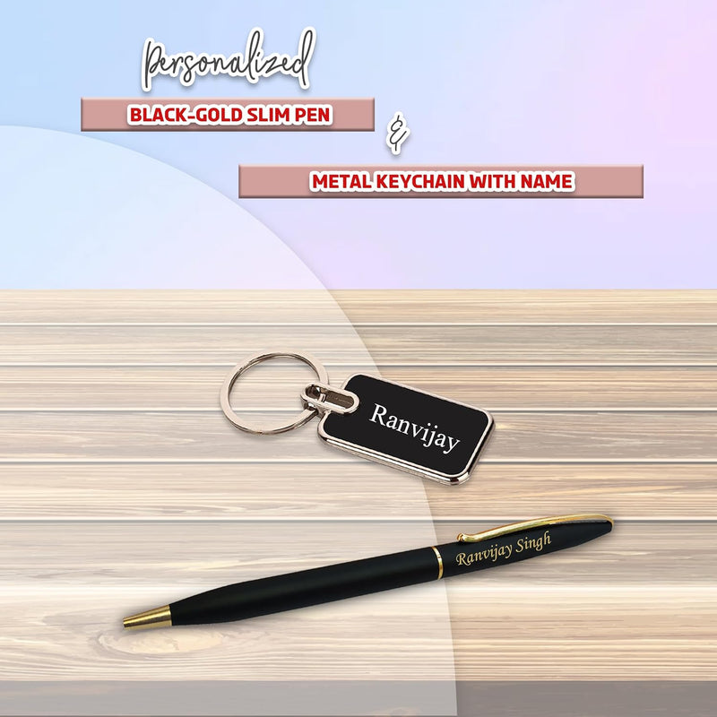 Teacher's Set: Custom Engraved Teacher Keychain & Black-Gold Pen.