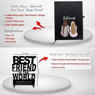 Female Friendship Day Combo -Cushion, Acrylic Stand & Black Leather Diary