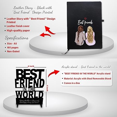 Female Friends-Sublimation Satin White Cushion,Acrylic Stand& Black Leather Diary- FriendshipDay