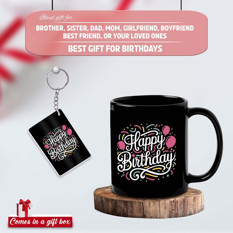 Black Ceramic Birthday Theme Mug & Keychain.