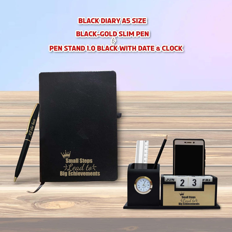 Premium Executive Corporate Set - Pen, Pen Stand, Black A5 Diary with Quote Engraved.