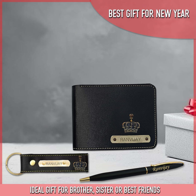 New Year Gift Hamper for Men -Pen, Leather Keychain & Wallet (Black)