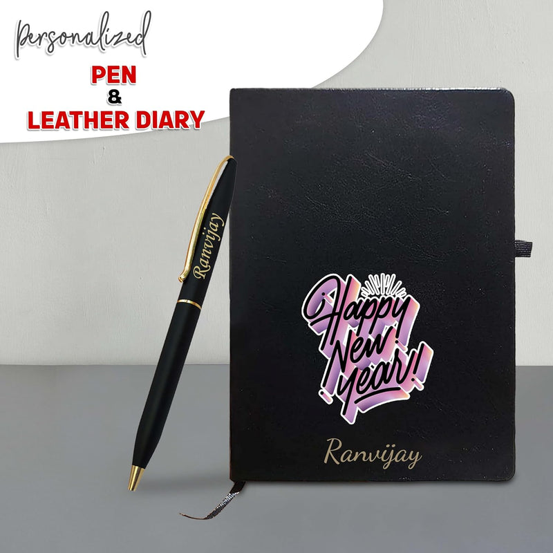 New Year Gift Set - Personalized Leather Diary and Metal Pen