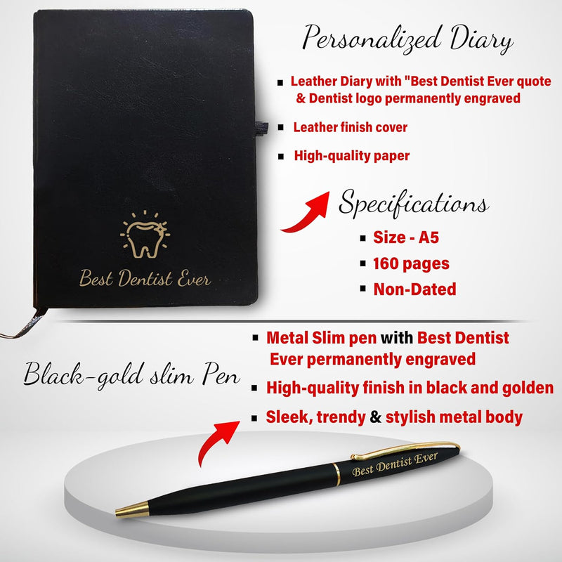 Exclusive Dentist Gift Combo – Pen, Stand, and Diary with ‘Best Dentist Ever’.