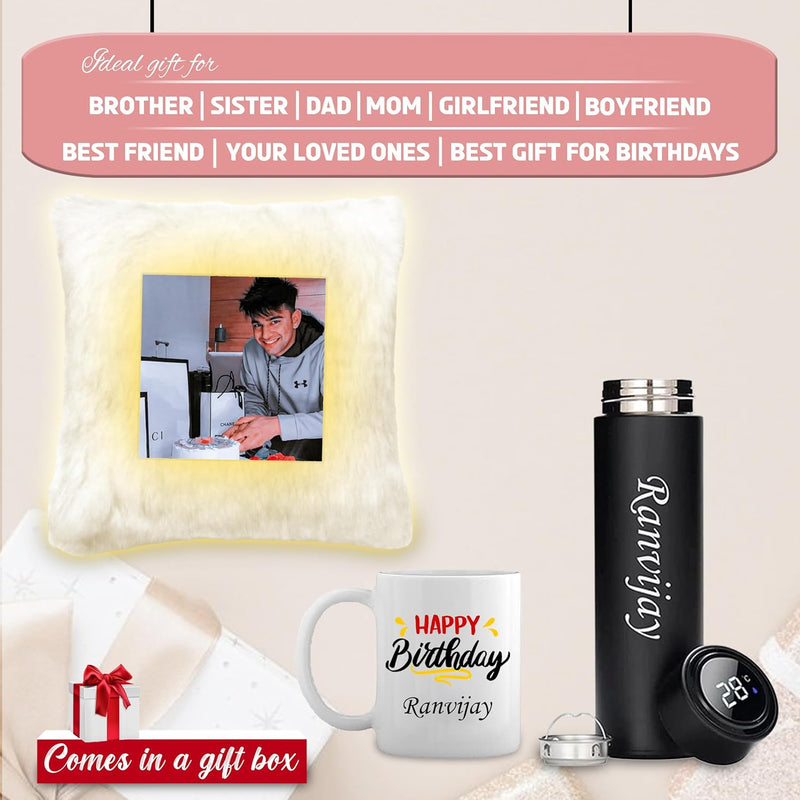 Birthday Gift Set: Custom Bottle, Mug & Photo LED Cushion