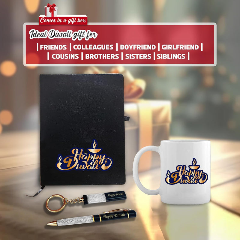 Diwali Gift Set - Crystal Pen, Keychain, Large Coffee Mug & Leather Diary