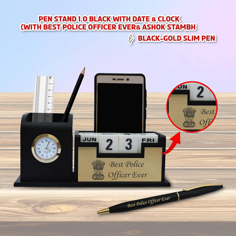 'Police Officer Set – Engraved Pen & Stand with Ashok Stambh Logo"