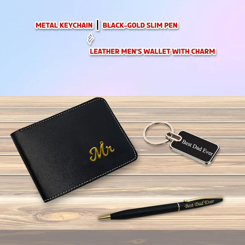 Leather Wallet with Mr. Charm, Slim Pen & Metal Keychain.