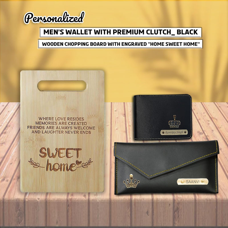 Housewarming Gift Set-Engraved leather Combo with wooden chopping board.