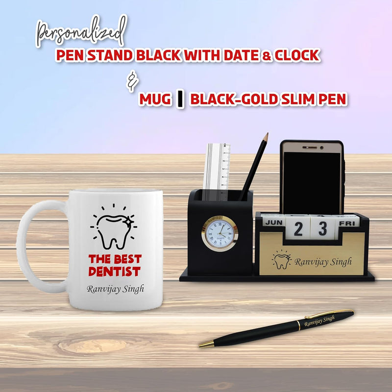 Dentist's Combo Set- Dentist Pen, Fiber Pen Stand with Watch & Ceramic Coffee Mug