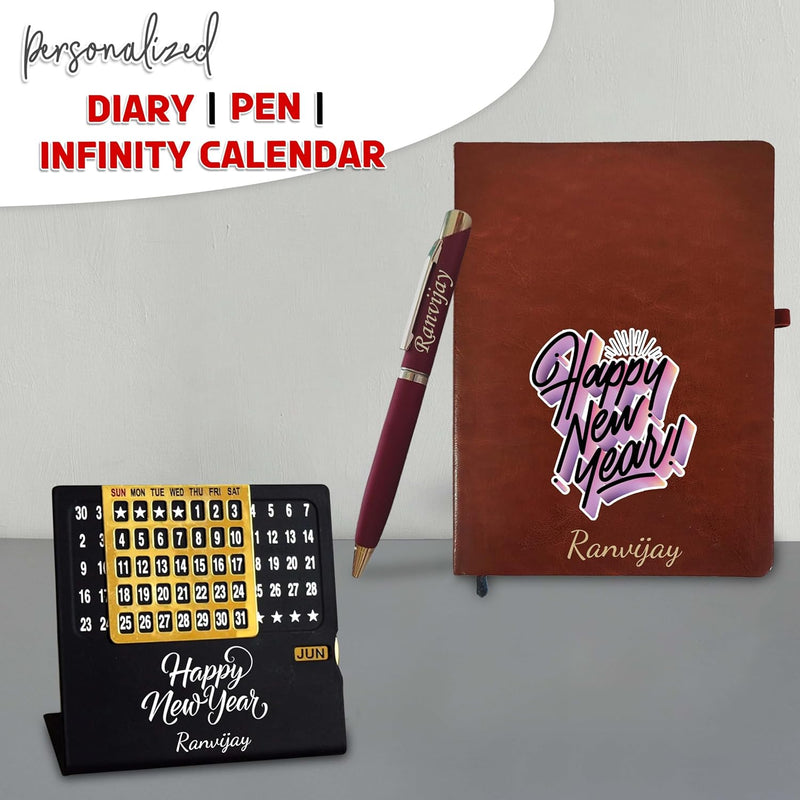 New Year Hamper Combo (Brown) - Infinity Calendar, Slim Pen & Leather Diary