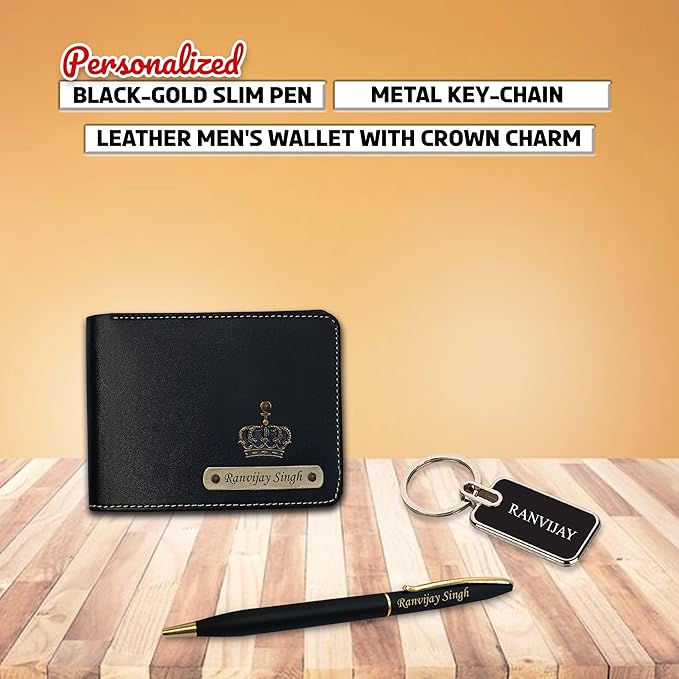 Diwali Combo for Men - Leather Wallet, Pen, Metal kaychain