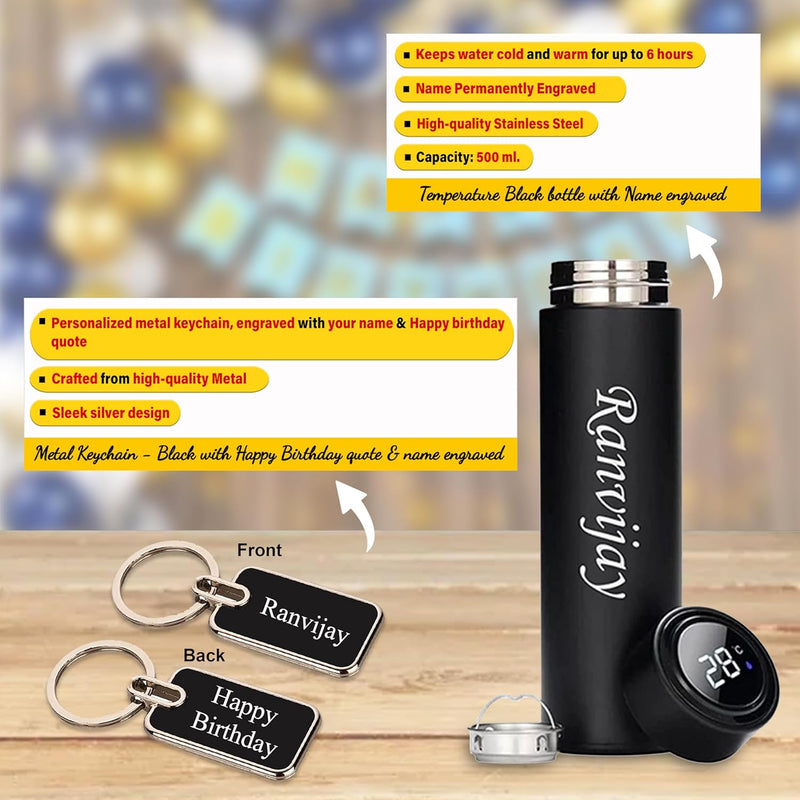 Bottle, Black Gold Slim Pen, Metal Keychain Combo