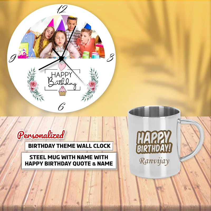 Birthday Combo: Personalized Steel Mug & Photo Wall Clock