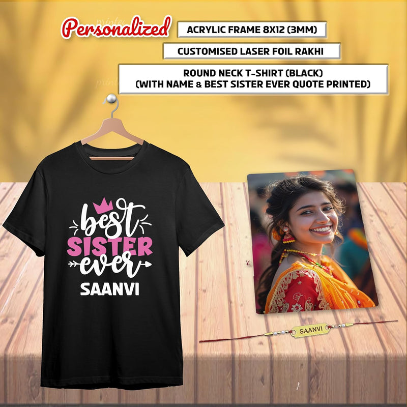 Rakhi Combo: Photo Frame, Name Rakhi & Awesome Sister T-Shirt.