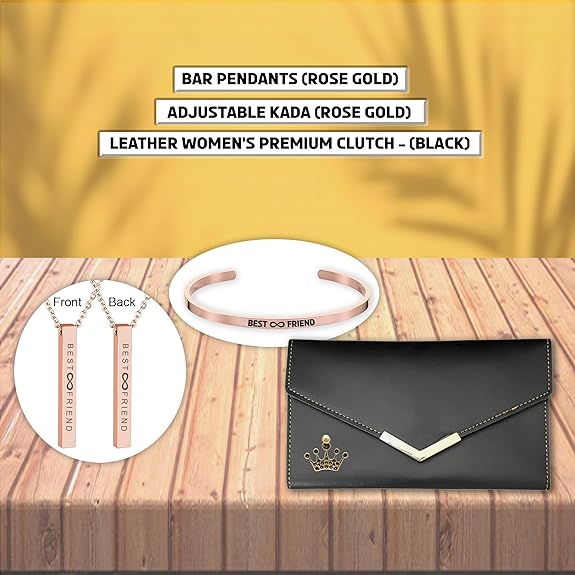 Gifts Combo for Female Friends - Silver Adjustable Kada, Premium Leather Clutch, and Rose Gold Bar Pendants