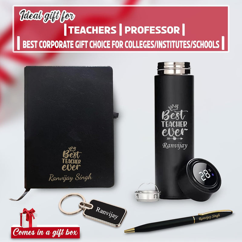 Teacher Gift Set-Metal Keychain, Temp Black Bottle,Black-Gold Slim Pen,& A5 Black Diary.