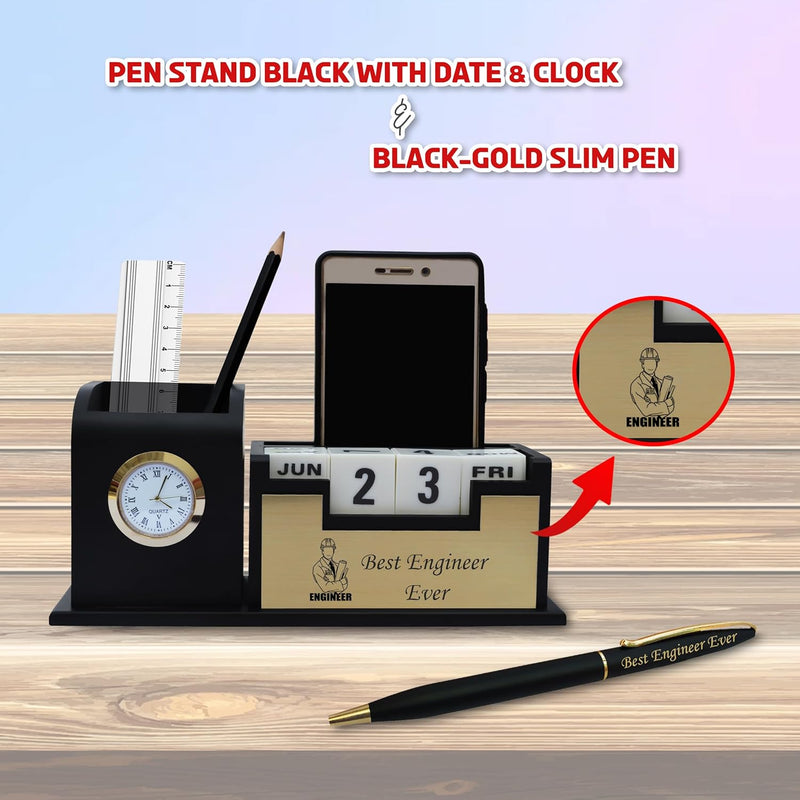 Engineer Combo Set – Slim Pen with 'Best Engineer Ever' Engraving & Pen Stand with Date & Clock