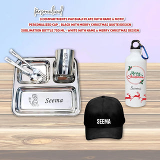 Christmas Gift Set - Customized Sublimation Bottle, 3 Compartment Plate with Name & Favorite Character, & Black Cap