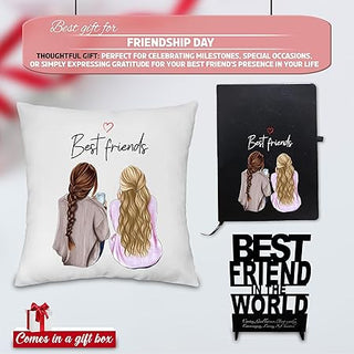 Female Friendship Day Combo -Cushion, Acrylic Stand & Black Leather Diary