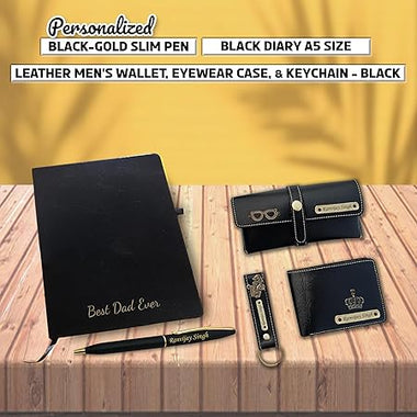 Father's Day Gift Combo- Customized Pen, Black Diary, Men's Wallet, Eyewear Case, & Keychain.