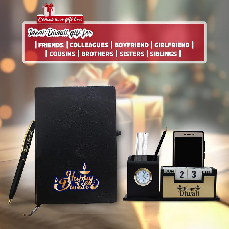 Deepawali Gift Combo - Black-Gold Pen, Pen Stand & Leather Diary