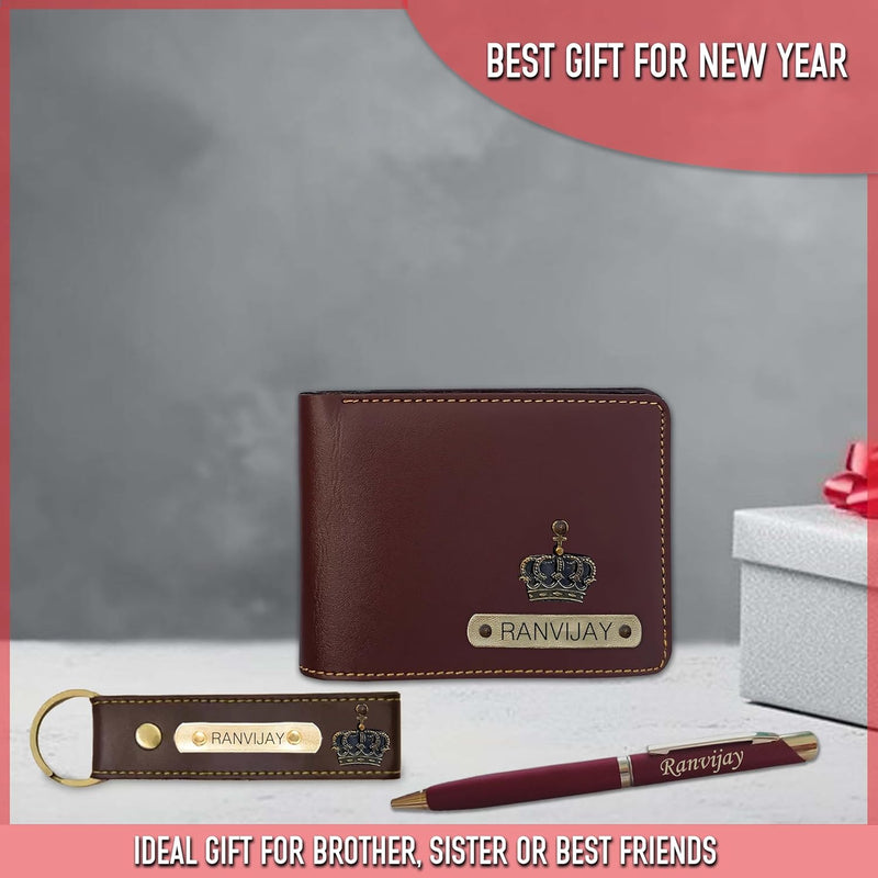 New Year Gift Hamper for Men -Pen, Leather Keychain & Wallet Customized