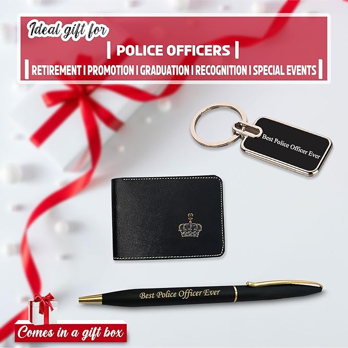 "Gifts Police Set (Male) – Engraved Keychain, Pen & Wallet with King Charm"