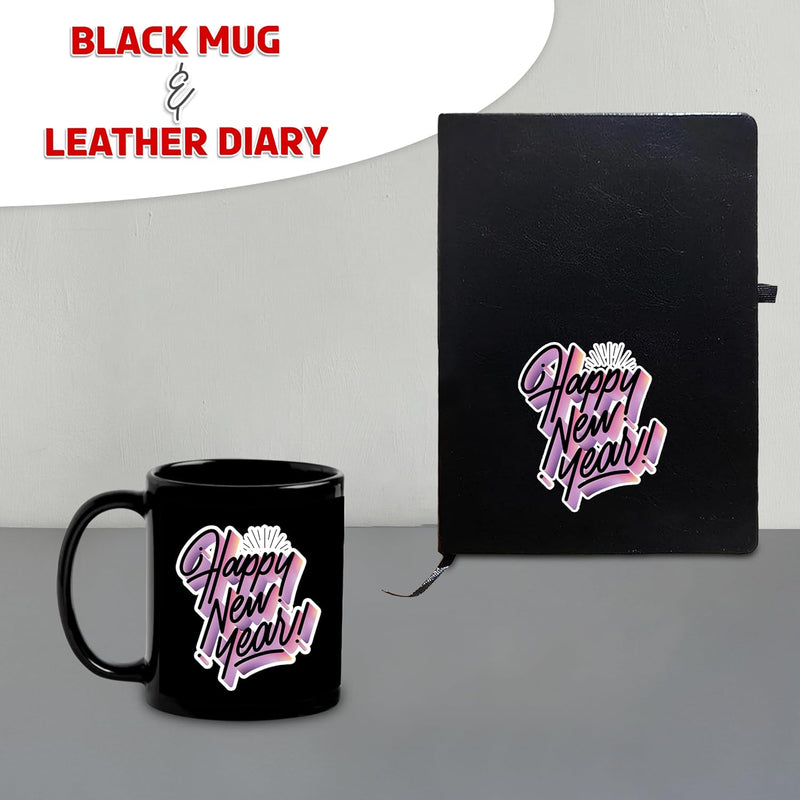 New Year Gift Hamper - Leather Diary and Black Patch Mug