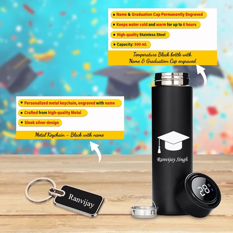 Graduation Gift Combo- Slim Pen, Metal Keychain and Black Bottle