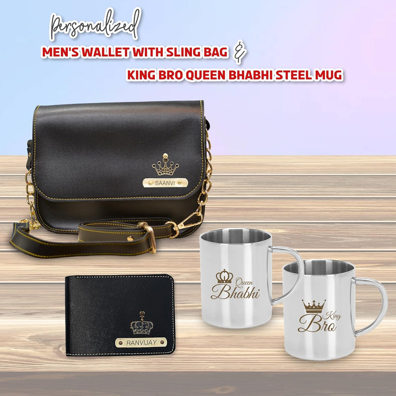 Men's Wallet with Sling Bag & King Bro & Queen Bhabhi Steel Mug Set.